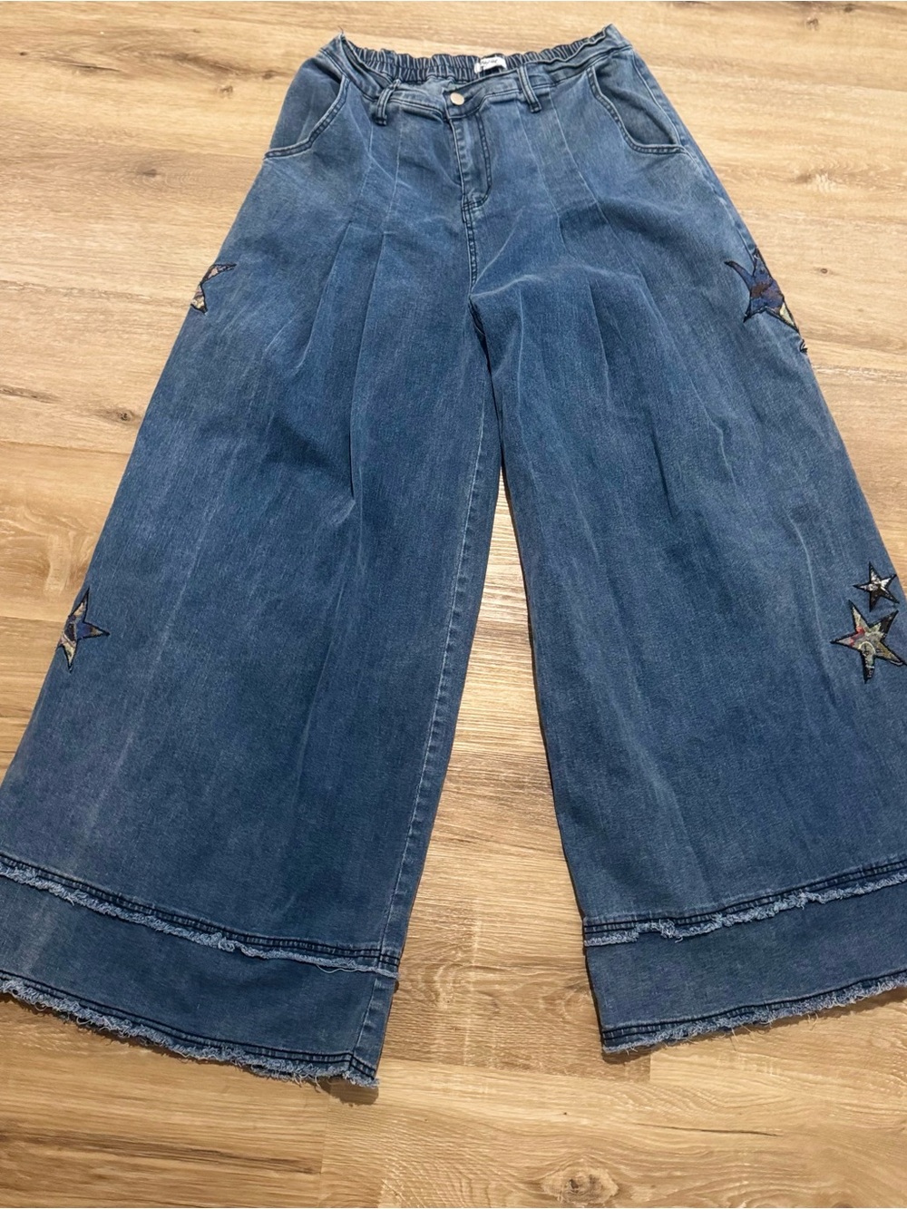Women’s Blue Velvet Wide Leg Boho Patchwork Embroidered Star Dark Blue Jeans XL